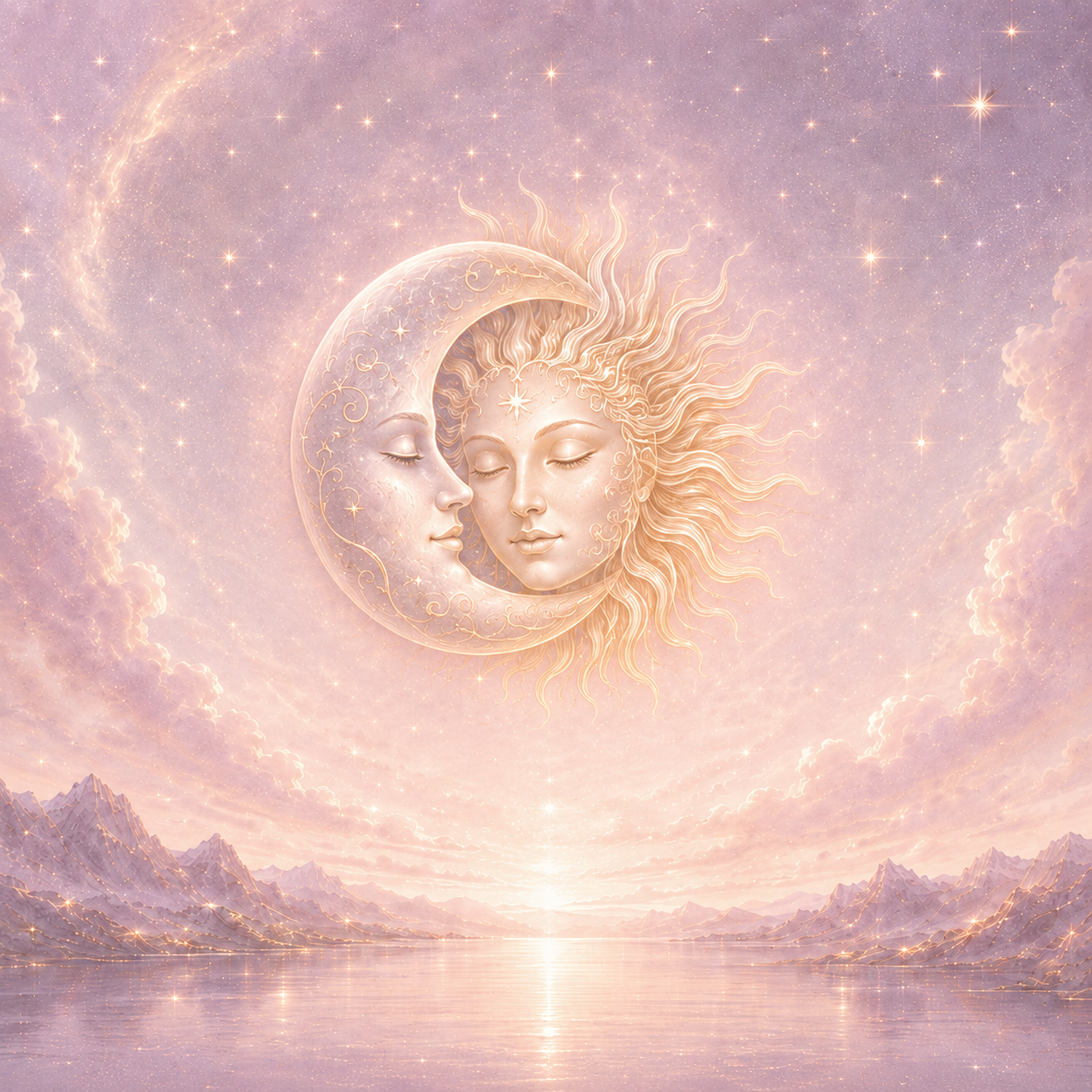 Intertwined celestial moon and sun above a luminous mountain lake